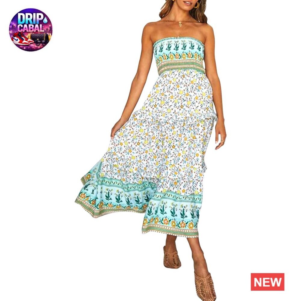 Rayon Strapless Maxi Dress Boho Floral Smocked Waist Casual Beach